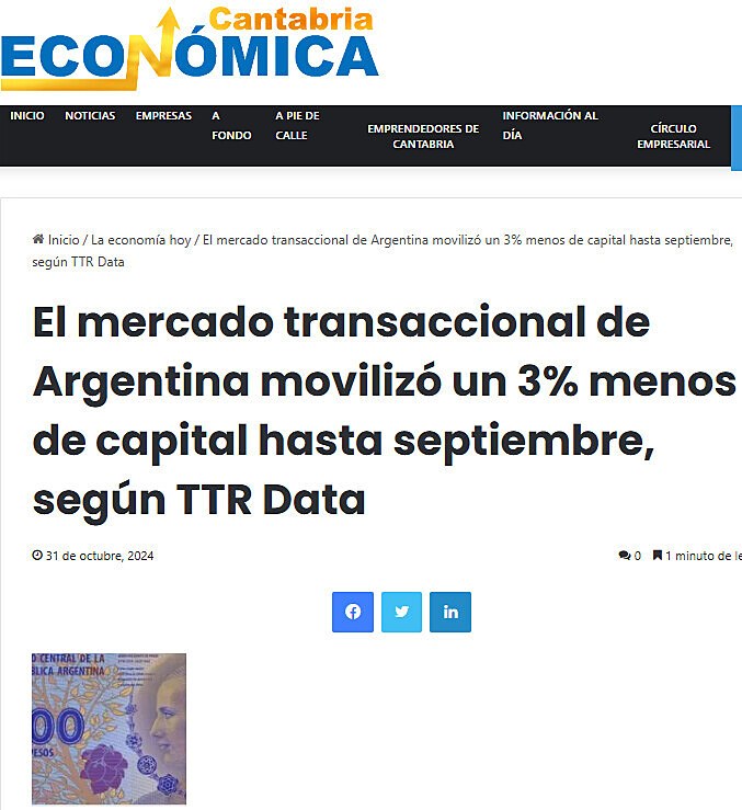 El mercado transaccional de Argentina moviliz un 3% menos de capital hasta septiembre, segn TTR Data